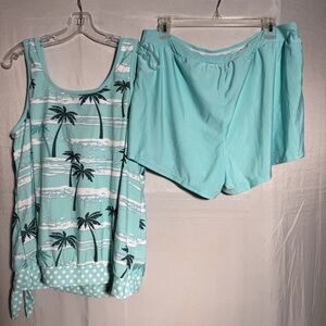 Plus Size 1X Tankini Set Palm Print Swim Top Shorts Modest Beachwear Vacation
